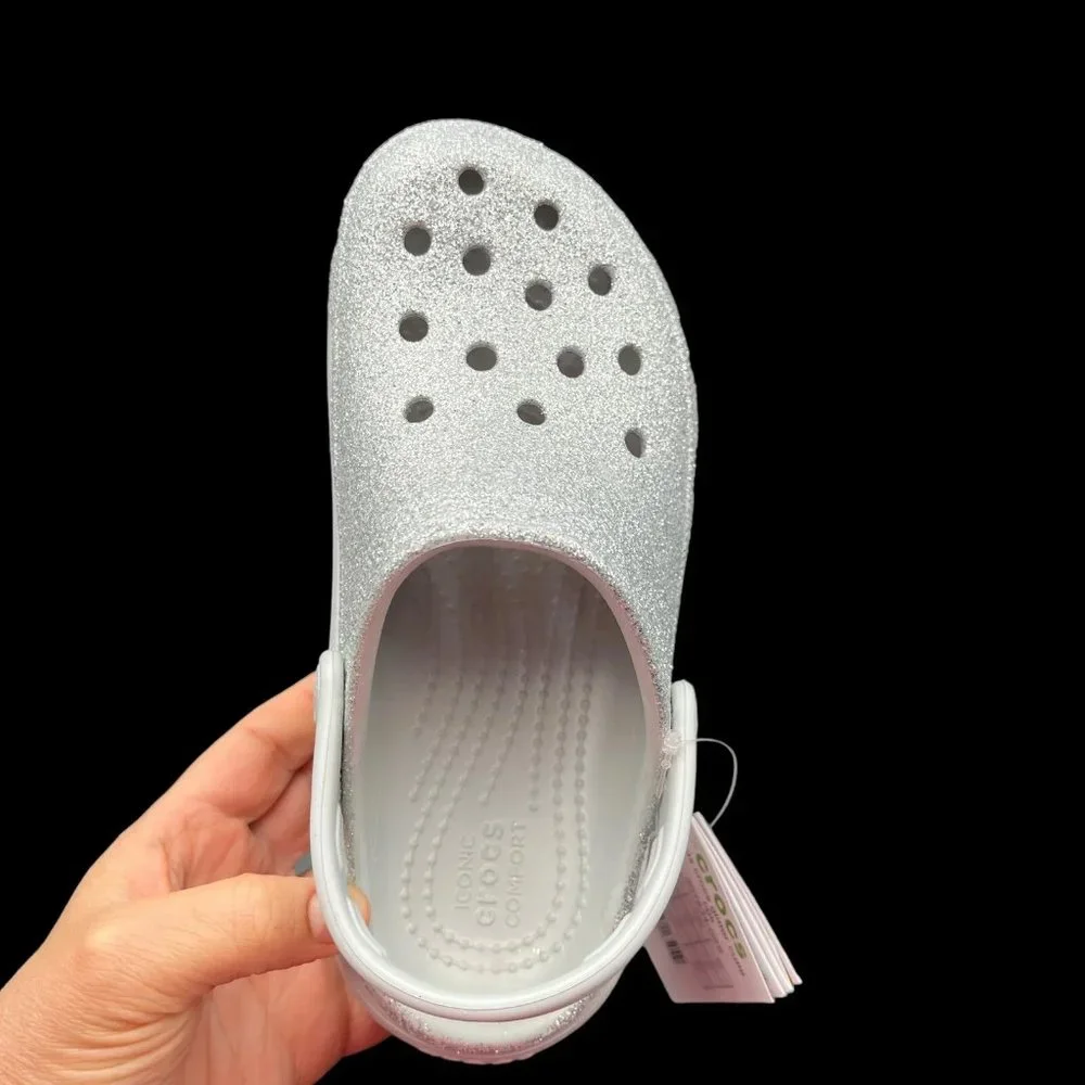 Crocs Youth Girls Platform Glitter Clog Size 2-3‎ Silver Slip-on Comfortable